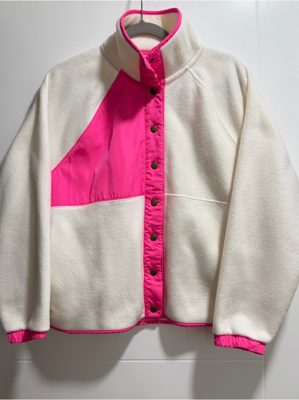 J. Crew White Fleece Snap Collar Jacket Neon Pink Trim Women Size M